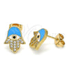 Arete Dormilona 02.213.0269.1 Oro Laminado, Diseño de Mano de Dios y Judaica, con Micro Pave Blanca y Negro, Esmaltado Azul claro, Tono Dorado