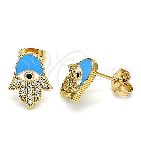 Arete Dormilona 02.213.0269.1 Oro Laminado, Diseño de Mano de Dios, con Blanca and Negro Micro Pave, Esmaltado Azul claro, Tono Dorado