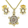 Juego de Arete y Dije de Adulto 10.284.0014 Oro Laminado, Diseño de Tortuga, con Multicolor Micro Pave, Pulido, Tono Dorado