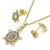 Juego de Arete y Dije de Adulto 10.284.0014 Oro Laminado, Diseño de Tortuga, con Multicolor Micro Pave, Pulido, Tono Dorado