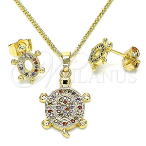 Juego de Arete y Dije de Adulto 10.284.0014 Oro Laminado, Diseño de Tortuga, con Multicolor Micro Pave, Pulido, Tono Dorado