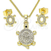 Juego de Arete y Dije de Adulto 10.284.0014.1 Oro Laminado, Diseño de Tortuga, con Blanca Micro Pave, Pulido, Tono Dorado