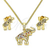 Juego de Arete y Dije de Adulto 10.284.0015.1 Oro Laminado, Diseño de Elefante, con Multicolor Micro Pave, Pulido, Tono Dorado