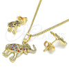 Juego de Arete y Dije de Adulto 10.284.0015.1 Oro Laminado, Diseño de Elefante, con Multicolor Micro Pave, Pulido, Tono Dorado