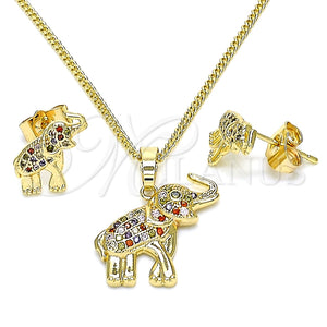 Juego de Arete y Dije de Adulto 10.284.0015.1 Oro Laminado, Diseño de Elefante, con Multicolor Micro Pave, Pulido, Tono Dorado