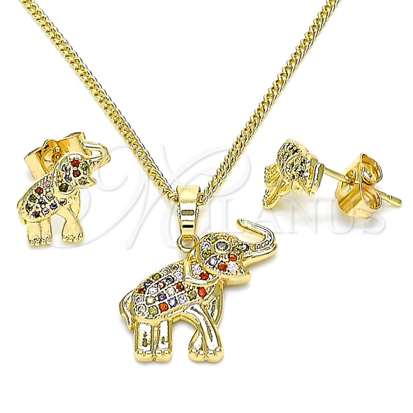 Juego de Arete y Dije de Adulto 10.284.0015.1 Oro Laminado, Diseño de Elefante, con Multicolor Micro Pave, Pulido, Tono Dorado
