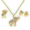 Juego de Arete y Dije de Adulto 10.284.0015.1 Oro Laminado, Diseño de Elefante, con Multicolor Micro Pave, Pulido, Tono Dorado