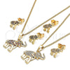 Juego de Arete y Dije de Adulto 10.284.0015.1 Oro Laminado, Diseño de Elefante, con Multicolor Micro Pave, Pulido, Tono Dorado