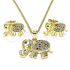 Juego de Arete y Dije de Adulto 10.284.0016 Oro Laminado, Diseño de Elefante, con Multicolor Micro Pave, Pulido, Tono Dorado