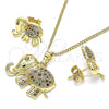 Juego de Arete y Dije de Adulto 10.284.0016 Oro Laminado, Diseño de Elefante, con Multicolor Micro Pave, Pulido, Tono Dorado