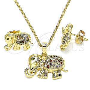 Juego de Arete y Dije de Adulto 10.284.0016 Oro Laminado, Diseño de Elefante, con Multicolor Micro Pave, Pulido, Tono Dorado