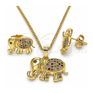 Juego de Arete y Dije de Adulto 10.284.0016 Oro Laminado, Diseño de Elefante, con Multicolor Micro Pave, Pulido, Tono Dorado