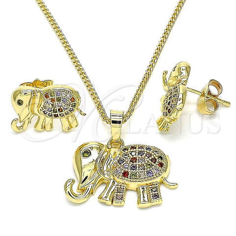 Juego de Arete y Dije de Adulto 10.284.0016 Oro Laminado, Diseño de Elefante, con Multicolor Micro Pave, Pulido, Tono Dorado