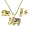 Juego de Arete y Dije de Adulto 10.284.0016 Oro Laminado, Diseño de Elefante, con Multicolor Micro Pave, Pulido, Tono Dorado