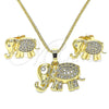 Juego de Arete y Dije de Adulto 10.284.0016.1 Oro Laminado, Diseño de Elefante, con Blanca Micro Pave, Pulido, Tono Dorado