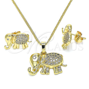 Juego de Arete y Dije de Adulto 10.284.0016.1 Oro Laminado, Diseño de Elefante, con Blanca Micro Pave, Pulido, Tono Dorado