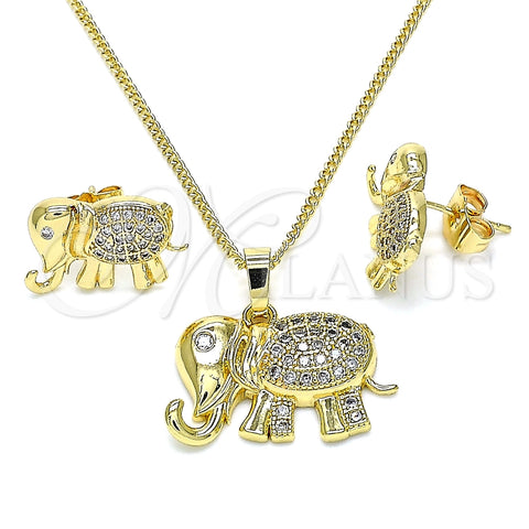Juego de Arete y Dije de Adulto 10.284.0016.1 Oro Laminado, Diseño de Elefante, con Blanca Micro Pave, Pulido, Tono Dorado