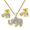 Juego de Arete y Dije de Adulto 10.284.0019 Oro Laminado, Diseño de Elefante, con Blanca Micro Pave, Pulido, Tono Dorado