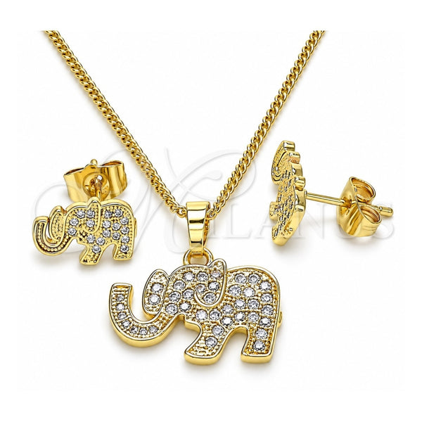 Juego de Arete y Dije de Adulto 10.284.0019 Oro Laminado, Diseño de Elefante, con Blanca Micro Pave, Pulido, Tono Dorado