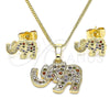 Juego de Arete y Dije de Adulto 10.284.0019.1 Oro Laminado, Diseño de Elefante, con Multicolor Micro Pave, Pulido, Tono Dorado