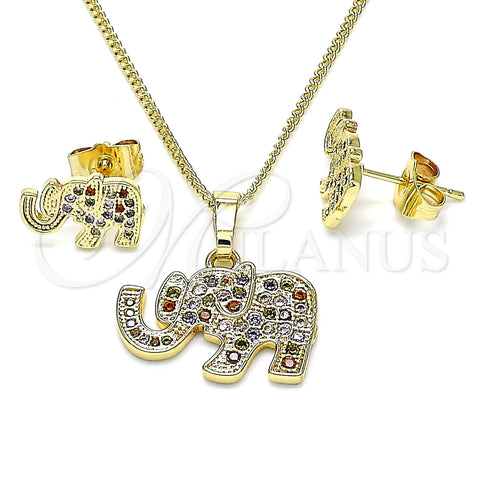 Juego de Arete y Dije de Adulto 10.284.0019.1 Oro Laminado, Diseño de Elefante, con Multicolor Micro Pave, Pulido, Tono Dorado