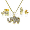 Juego de Arete y Dije de Adulto 10.284.0019.1 Oro Laminado, Diseño de Elefante, con Multicolor Micro Pave, Pulido, Tono Dorado