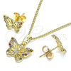 Juego de Arete y Dije de Adulto 10.284.0021 Oro Laminado, Diseño de Mariposa, con Multicolor Micro Pave, Pulido, Tono Dorado