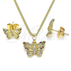 Juego de Arete y Dije de Adulto 10.284.0021 Oro Laminado, Diseño de Mariposa, con Multicolor Micro Pave, Pulido, Tono Dorado