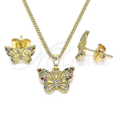 Juego de Arete y Dije de Adulto 10.284.0021 Oro Laminado, Diseño de Mariposa, con Multicolor Micro Pave, Pulido, Tono Dorado