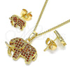 Juego de Arete y Dije de Adulto 10.284.0022 Oro Laminado, Diseño de Elefante, con Granate Micro Pave, Pulido, Tono Dorado