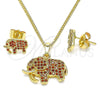 Juego de Arete y Dije de Adulto 10.284.0022 Oro Laminado, Diseño de Elefante, con Granate Micro Pave, Pulido, Tono Dorado