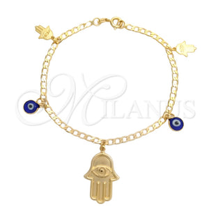 Pulsera de Dije 03.58.0044.07 Oro Laminado, Diseño de Ojo Griego y Mano de Dios, Pulido, Tono Dorado (04 MM Thickness, 7 Inches Length)