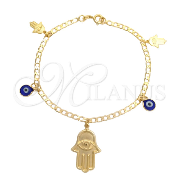 Pulsera de Dije 03.58.0044.07 Oro Laminado, Diseño de Ojo Griego y Mano de Dios, Pulido, Tono Dorado (04 MM Thickness, 7 Inches Length)