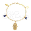 Pulsera de Dije 03.58.0044.07 Oro Laminado, Diseño de Ojo Griego y Mano de Dios, Pulido, Tono Dorado (04 MM Thickness, 7 Inches Length)