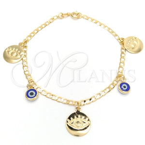 Pulsera de Dije 03.58.0045.07 Oro Laminado, Diseño de Ojo Griego y Cubana Concava, Pulido, Tono Dorado (04 MM Thickness, 7 Inches Length)