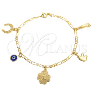 Pulsera de Dije 03.58.0046.07 Oro Laminado, Diseño de Elefante y Ojo Griego, Pulido, Tono Dorado (04 MM Thickness, 7 Inches Length)