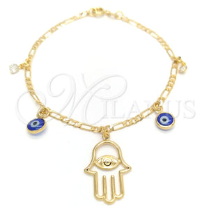 Pulsera de Dije 03.58.0047.07 Oro Laminado, Diseño de Mano de Dios y Ojo Griego, Pulido, Tono Dorado (04 MM Thickness, 7 Inches Length)
