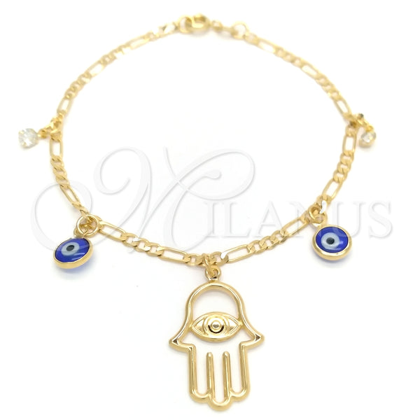 Pulsera de Dije 03.58.0047.07 Oro Laminado, Diseño de Mano de Dios y Ojo Griego, Pulido, Tono Dorado (04 MM Thickness, 7 Inches Length)