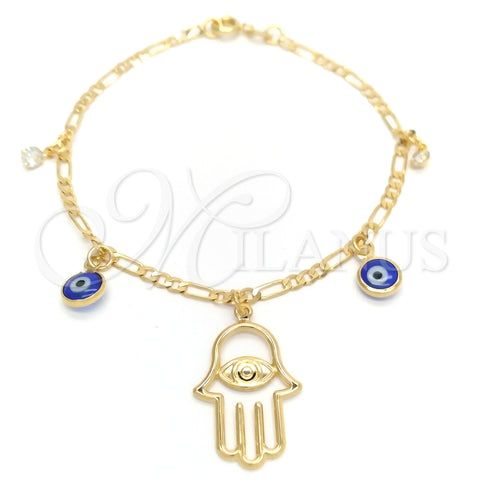 Pulsera de Dije 03.58.0047.07 Oro Laminado, Diseño de Mano de Dios y Ojo Griego, Pulido, Tono Dorado (04 MM Thickness, 7 Inches Length)