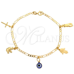 Pulsera de Dije 03.58.0048.07 Oro Laminado, Diseño de Mano de Dios y Ojo Griego, Pulido, Tono Dorado (04 MM Thickness, 7 Inches Length)