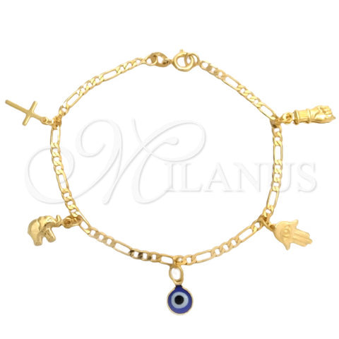 Pulsera de Dije 03.58.0048.07 Oro Laminado, Diseño de Mano de Dios y Ojo Griego, Pulido, Tono Dorado (04 MM Thickness, 7 Inches Length)