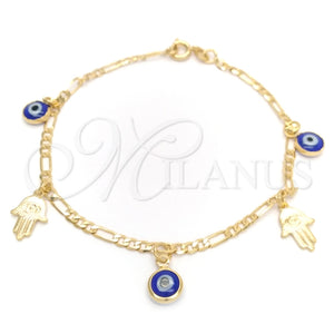 Pulsera de Dije 03.58.0049.07 Oro Laminado, Diseño de Mano de Dios y Ojo Griego, Pulido, Tono Dorado (04 MM Thickness, 7 Inches Length)