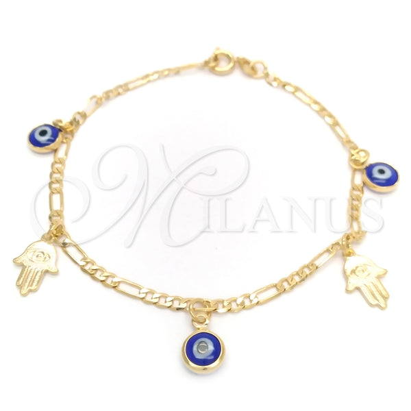 Pulsera de Dije 03.58.0049.07 Oro Laminado, Diseño de Mano de Dios y Ojo Griego, Pulido, Tono Dorado (04 MM Thickness, 7 Inches Length)