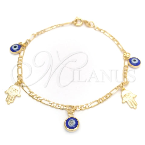 Pulsera de Dije 03.58.0049.07 Oro Laminado, Diseño de Mano de Dios y Ojo Griego, Pulido, Tono Dorado (04 MM Thickness, 7 Inches Length)