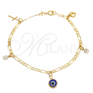 Pulsera de Dije 03.58.0050.07 Oro Laminado, Diseño de Ojo Griego y Cruz, Pulido, Tono Dorado (04 MM Thickness, 7 Inches Length)