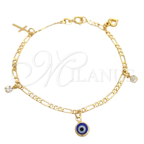 Pulsera de Dije 03.58.0050.07 Oro Laminado, Diseño de Ojo Griego y Cruz, Pulido, Tono Dorado (04 MM Thickness, 7 Inches Length)