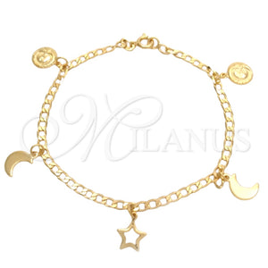 Pulsera de Dije 03.58.0052.07 Oro Laminado, Diseño de Sol y Luna, Pulido, Tono Dorado (Grosor 04 MM, 7 Pulgadas de Largo)