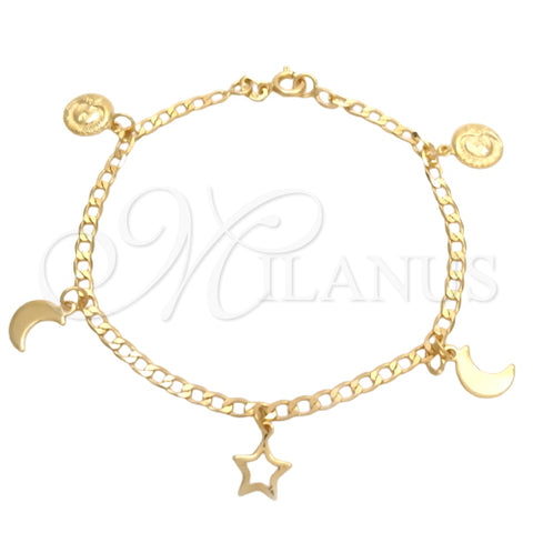 Pulsera de Dije 03.58.0052.07 Oro Laminado, Diseño de Sol y Luna, Pulido, Tono Dorado (Grosor 04 MM, 7 Pulgadas de Largo)