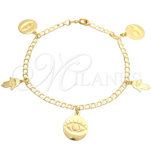 Pulsera de Dije 03.58.0053.07 Oro Laminado, Diseño de Ojo Griego y Mano de Dios, Pulido, Tono Dorado (04 MM Thickness, 7 Inches Length)