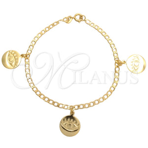 Pulsera de Dije 03.58.0054.07 Oro Laminado, Diseño de Ojo Griego y Cubana Concava, Pulido, Tono Dorado (04 MM Thickness, 7 Inches Length)
